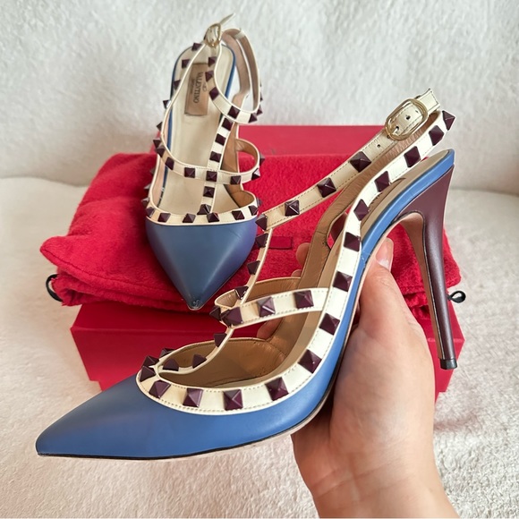 Valentino Garavani Rockstud Ankle Strap Pump in Blue and Burgundy Size 39.5 EU - Picture 7 of 16